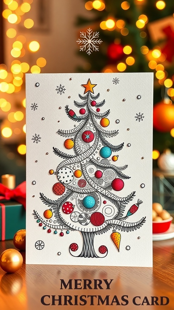 A DIY Christmas card with Zentangle patterns of a Christmas tree, decorated with intricate designs, set in a festive atmosphere.